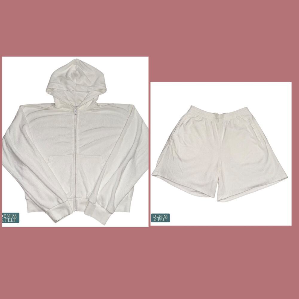 Skims White 2 Piece Terry Lounge Set Full Zip Hoodie & Shorts Women’s Small